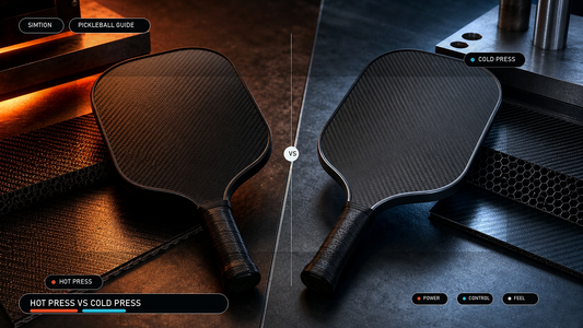 Hot press and cold press carbon fiber pickleball paddles compared on a premium manufacturing surface