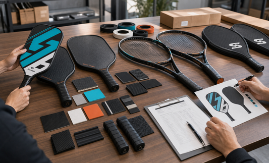 Custom sports equipment project sample review table with rackets, paddles, swatches, quotation sheets, and hands only