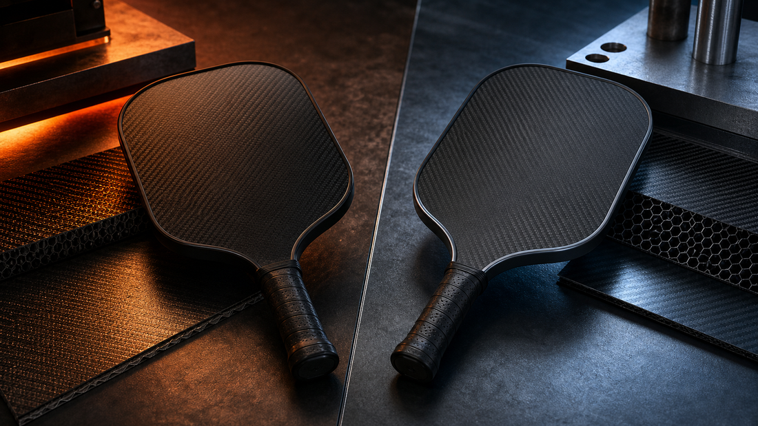 Hot press and cold press carbon fiber pickleball paddles compared on a premium manufacturing surface