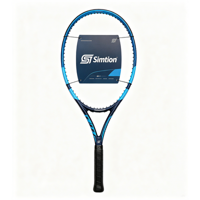 Simtion blue and gold carbon fiber tennis racket on a white background