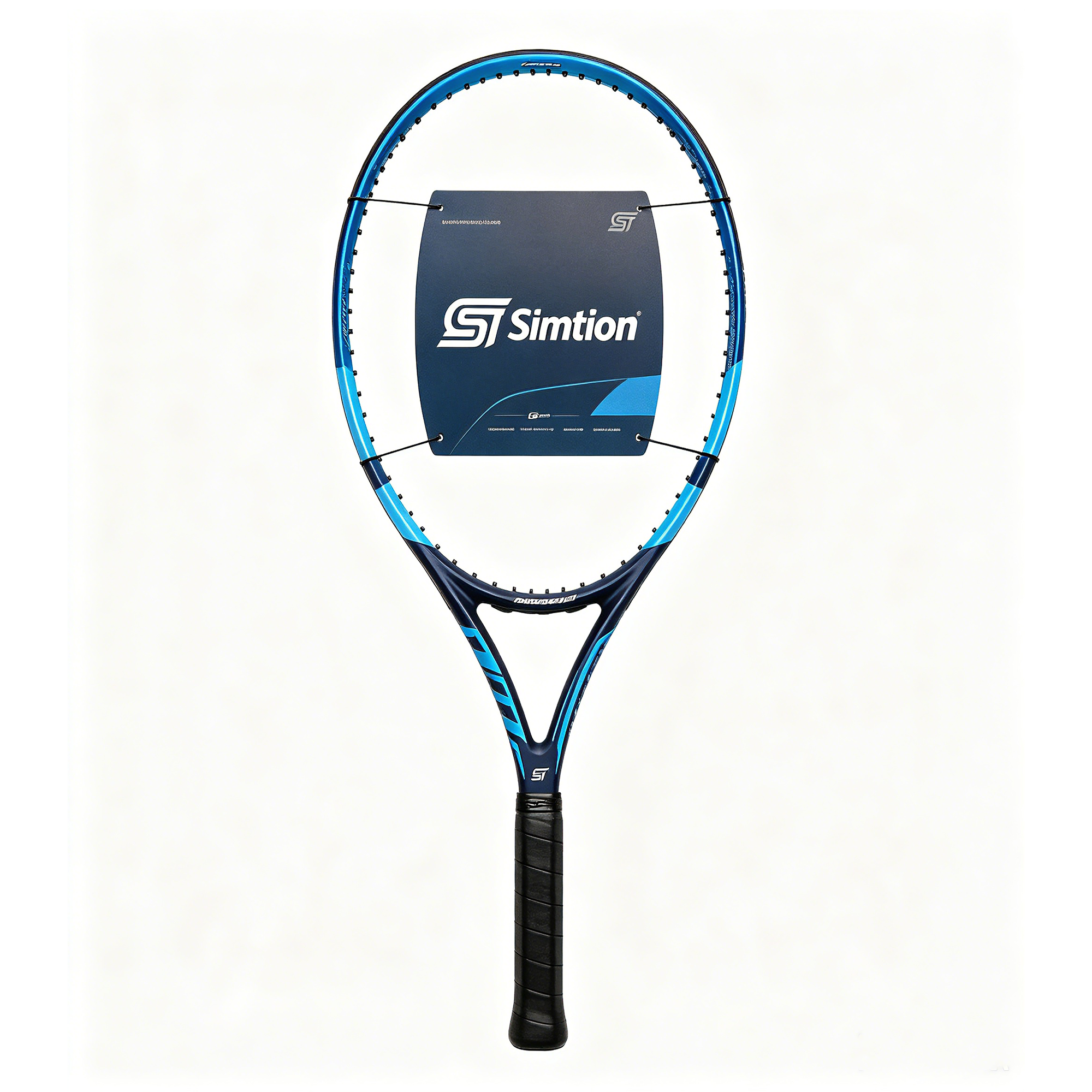 Simtion blue and gold carbon fiber tennis racket on a white background