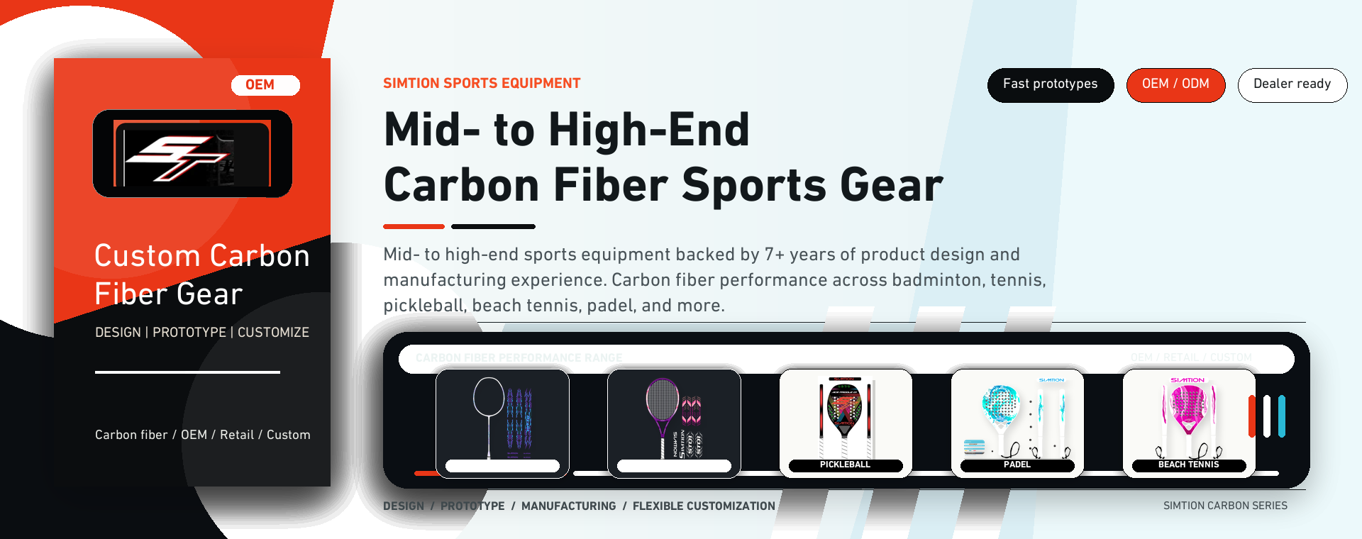 Simtion hero banner with OEM and carbon fiber performance layout