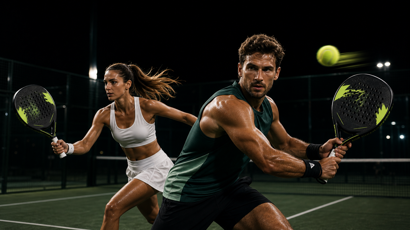 Padel players competing on a dark indoor court